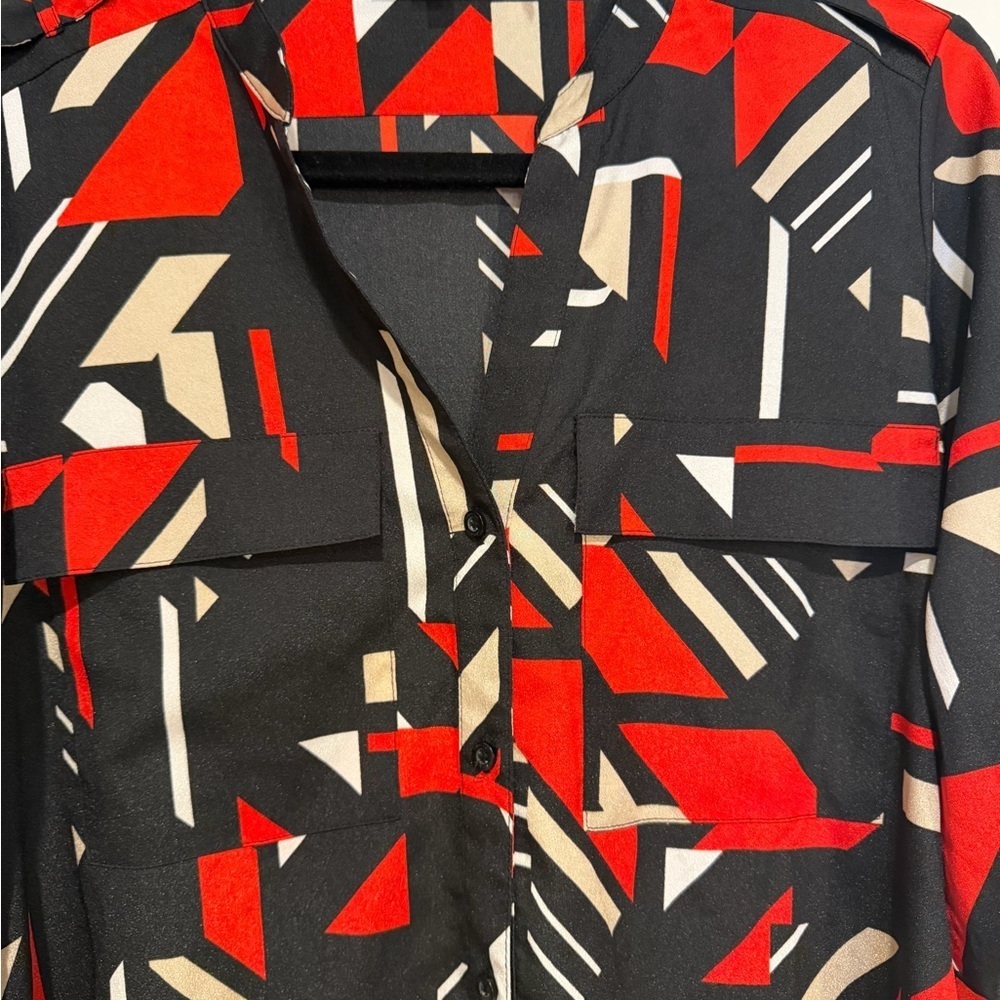 Calvin Klein Red Black Geometric Abstract Print Roll Tab Blouse - Picture 3 of 6